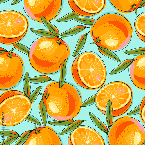 Seamless pattern with oranges and leaves. A whole orange and half a fruit. Bright colorful fruits on a blue background. Hand drawn in sketch style. Cartoon design. Vector.