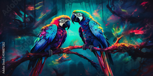two colorful parrots perched on top of a branch © SK