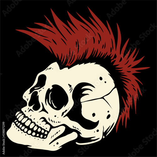 illustration vector of skull head with red mohawk hair photo