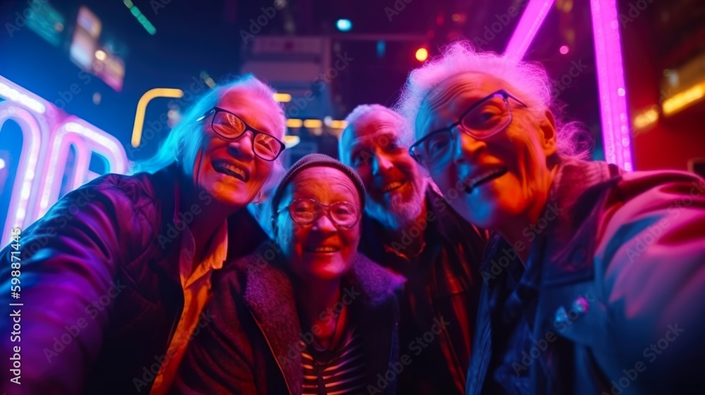Generative ai, group of senior friends having fun in a city cyberpunk with neon lights