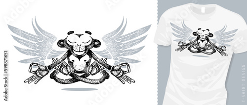 T-shirt design, monkey with wings in lotus position and keep calm, meditation, levitates. Zen balance, mudra hands. Yoga animal. Vector sketch.