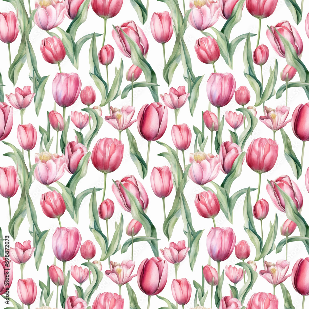 Seamless pattern with many pink tulips on white background in watercolor style. Generative AI.