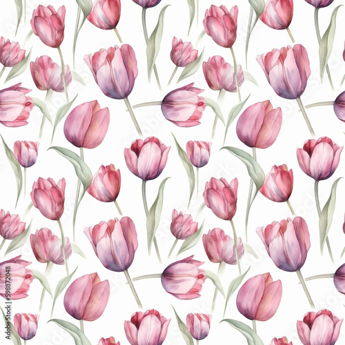 Seamless pattern with many pink tulips on white background in watercolor style. Generative AI. #598872048