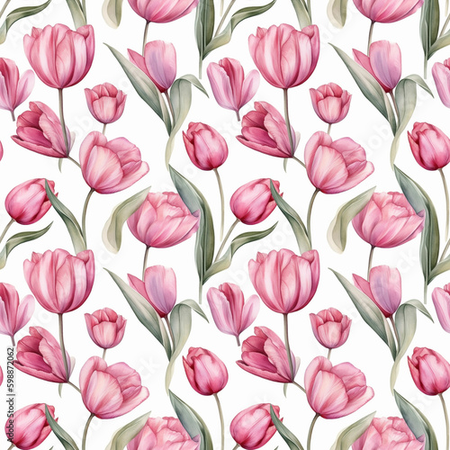 Seamless pattern with many pink tulips on white background in watercolor style. Generative AI.