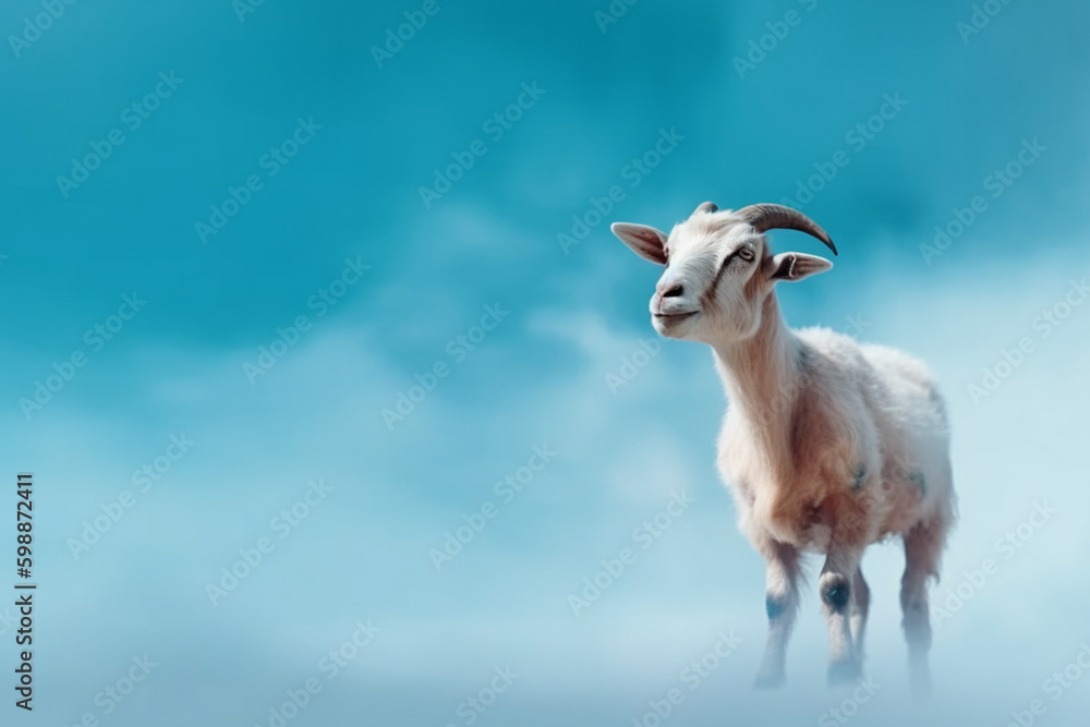 Fototapeta premium A potrait of cute animal goat with large empty background. generative ai