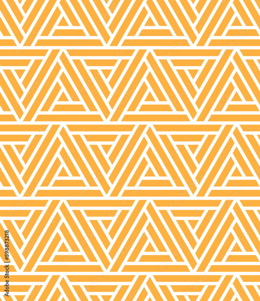 Seamless geometric pattern with yellow triangles on white background. Striped decorative motif. Graphic textile texture. Vector illustration. Seamless geometric pattern with yellow triangles on white background. Striped decorative motif. Graphic textile texture. Vector illustration.