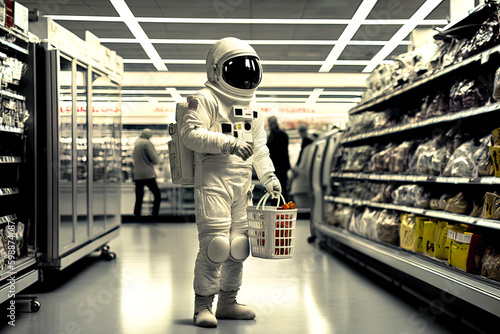 Unrecognizable man in an astronaut space suit holding basket while shopping in supermarket. Funny daily life concept. Generative AI. photo