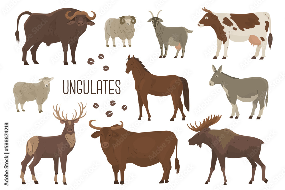Set of 10 ungulates. Wild and domesticated animals. Cow, deer, buffalo, bull, goat, ram, sheep, donkey, elk, horse. Farm pets. Household. Vector illustration. Isolated objects on white background. Set of 10 ungulates. Wild and domesticated animals. Cow, deer, buffalo, bull, goat, ram, sheep, donkey, elk, horse. Farm pets. Household. Vector illustration. Isolated objects on white background.