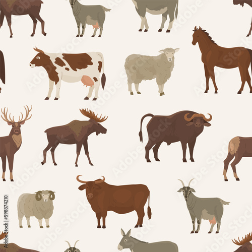 Endless seamless pattern with ungulates. Decor for farm products and wildlife advocates. Vector illustration.