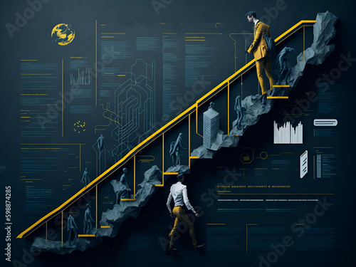 Businessman climbing stairs on chalkboard background with infographs. Success concept photo