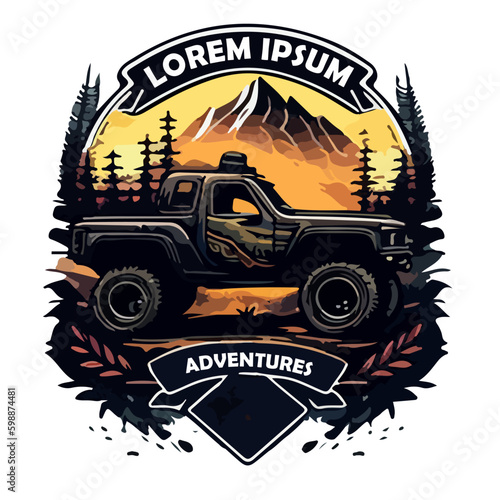 Logo with an SUV on the background of mountains and text. For your design.