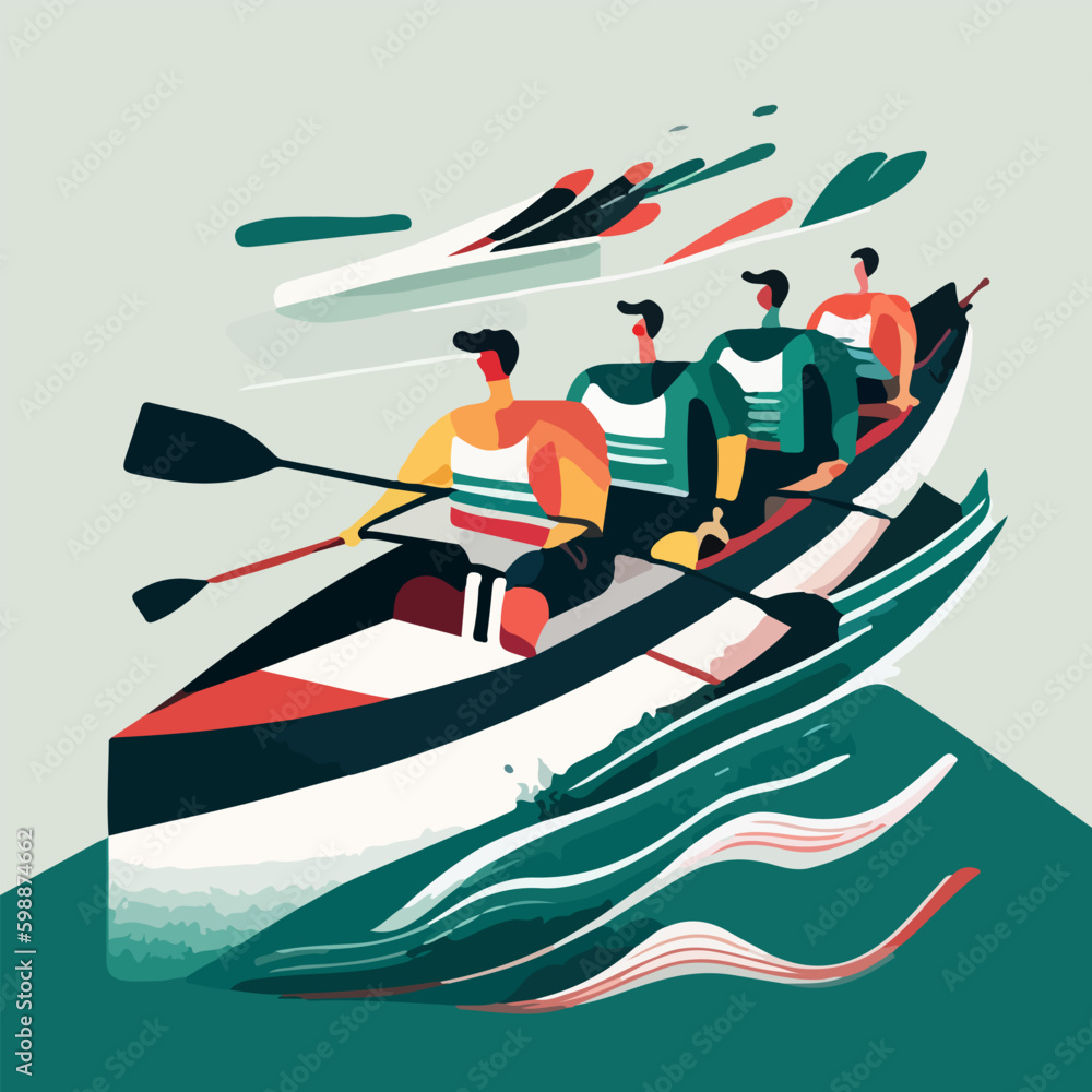 Flat cartoon drawing of rowers on a boat on a color background. For your logo or sticker design. - obrazy, fototapety, plakaty 