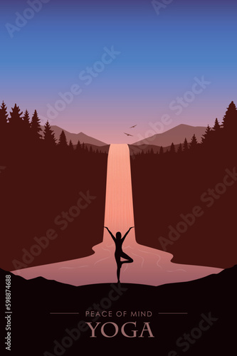 peace of mind yoga under waterfall river in the mountains at beautiful sunset
