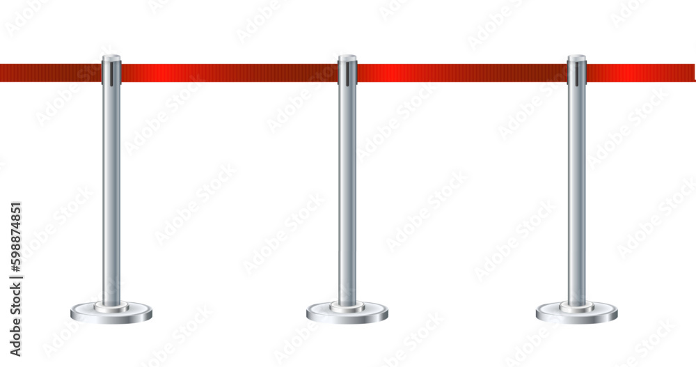 Obraz premium Retractable belt rack. Portable tape barrier. Red tape for fencing. Red carpet with red ropes on silver supports. Exclusive event, movie premiere, gala concert, awards ceremony.