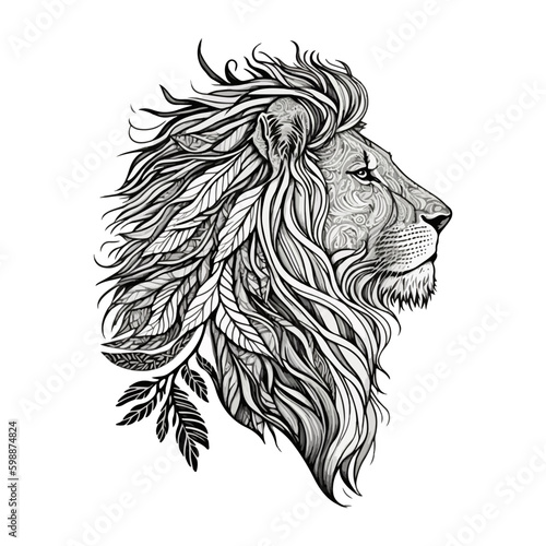 Black and white profile of a lion, mane in leaves and ornaments on a white background. For your design.
