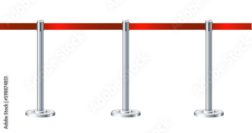 Retractable belt rack. Portable tape barrier. Red tape for fencing. Red carpet with red ropes on silver supports. Exclusive event, movie premiere, gala concert, awards ceremony.