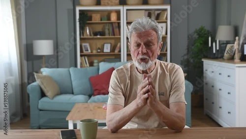 Confident hoary middle aged handsome man looking at camera, holding business talk with clients partners online. Web camera view mature senior grandfather chatting with friends family via video call.