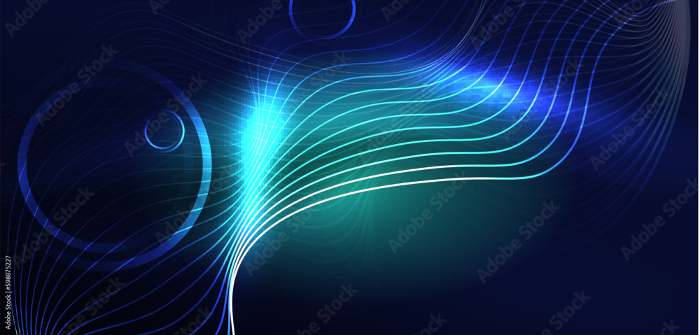 Neon laser lines, circles waves abstract background. Neon light or laser show, electric impulse, power lines, techno quantum energy impulse, magic glowing dynamic lines Neon laser lines, circles waves abstract background. Neon light or laser show, electric impulse, power lines, techno quantum energy impulse, magic glowing dynamic lines