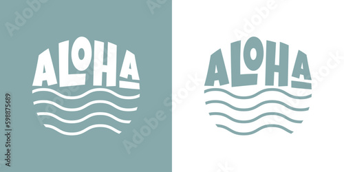 Logo vacaciones en Hawái. Letras de la palabra aloha con letras estilo hawaiano sobre olas de mar lineal con forma de círculo