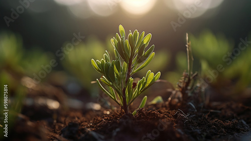 Growing plant,Young plant in the morning light on ground background. Generative Ai