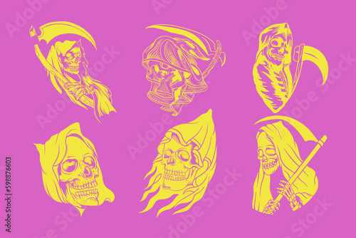 Illustration set of hand drawn vintage grim reaper