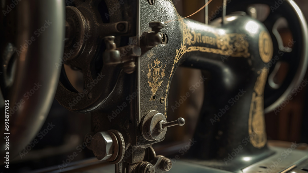 Fototapeta premium Old sewing machine closeup. Generative Ai