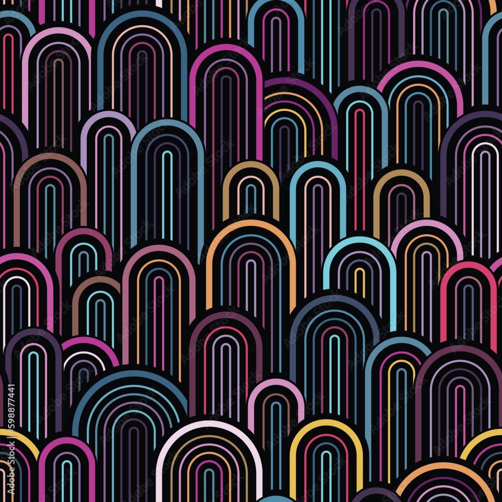 Seamless geometric pattern with multicolored arched lines on a black ...