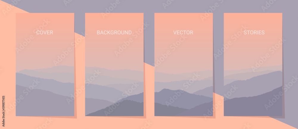 Set of templates for stories,social media banners mock up. Beautiful pink sunset over the foggy mountains.