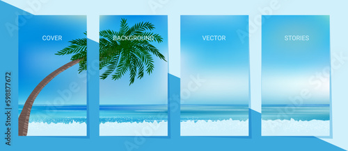Set of templates for stories,social media banners mock up. Summer vacation scene with ocean beach, sand, sea surf and lonely palm tree.