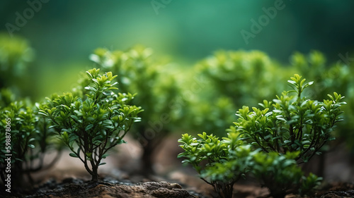 Small trees with green leaves, natural growth, and sunlight, the concept of agriculture. Generative Ai