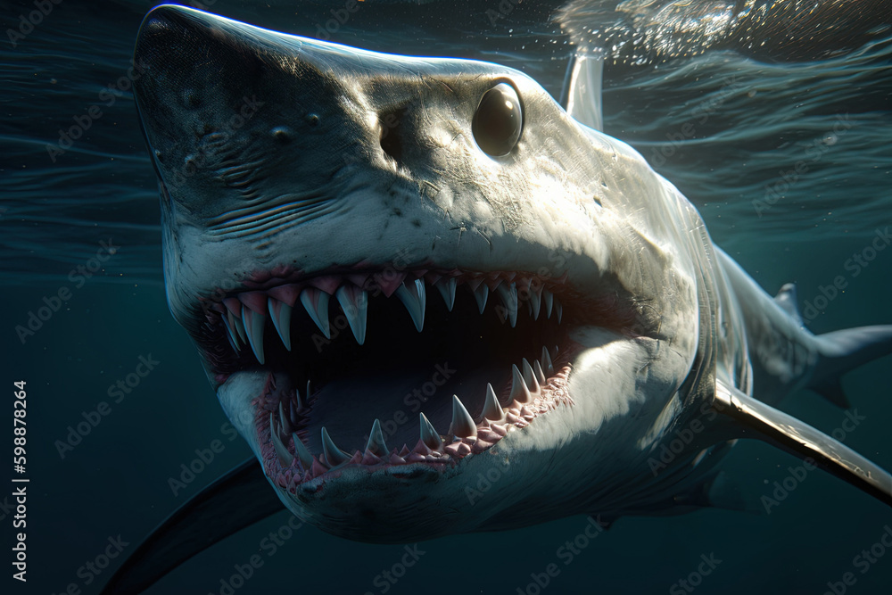 Shark coming to you open mouth jaws underwaterillustration generative