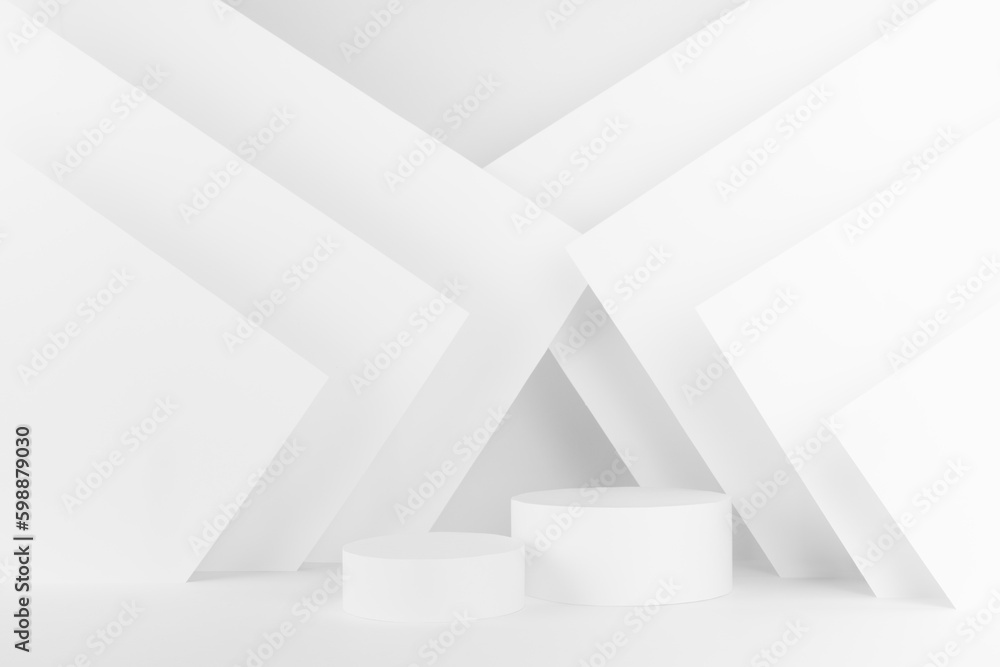 White abstract scene with two cylinder podiums, mockup for presentations of cosmetic products, goods, design, sale with soft light lines, corners in futuristic minimalistic geometric style. White abstract scene with two cylinder podiums, mockup for presentations of cosmetic products, goods, design, sale with soft light lines, corners in futuristic minimalistic geometric style.