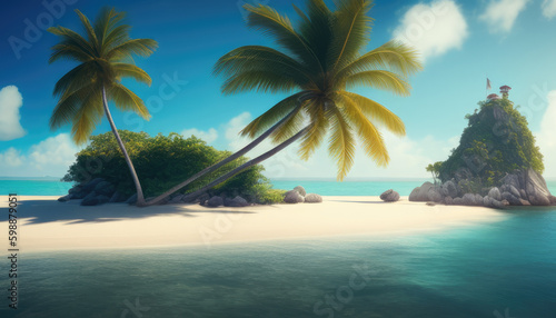 Idyllic paradise sandy beach, marked with blue flag, and coconut palms with turquoise waters of ocean. Generative Ai. Copy space. Concept of summer vacation and resort.