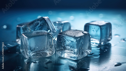 wet ice cubes on blue background. Generative Ai