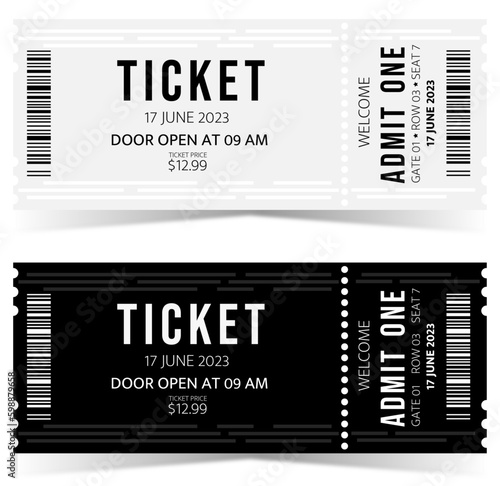 Admission ticket template set. Vector stripe tear-off entrance ticket with abstract line on black and white background. Design template for concert event, musical performance, exhibition, show