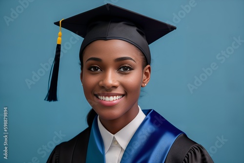 Foto Portrait of young African American smiling female student in hat and gown posing in blue background
