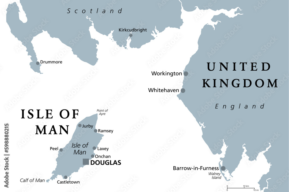 Isle of Man, also known as Mann, gray political map. An island nation and British Crown Dependency in the Irish Sea, between Great Britain and Ireland. A Tax haven and offshore banking destination.
