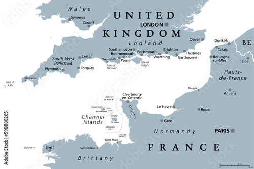 English Channel, gray political map. British Channel, arm of Atlantic Ocean, separates Southern England from northern France, link to North Sea by Strait of Dover. Busiest shipping area in the world.