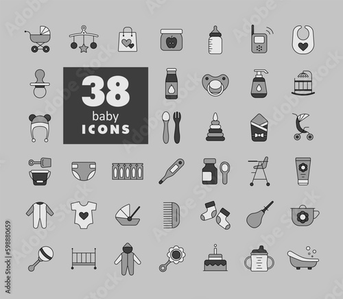 Baby, feeding and care vector isolated icons set