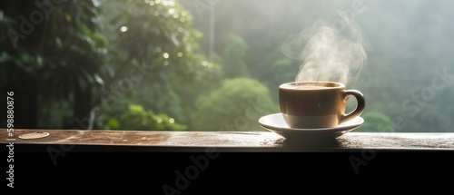 A cup of coffee placed on a wooden table with a view of the jungle. Generative AI