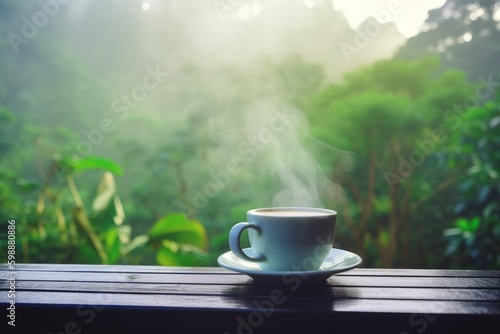 A cup of coffee placed on a wooden table with a view of the jungle. Generative AI