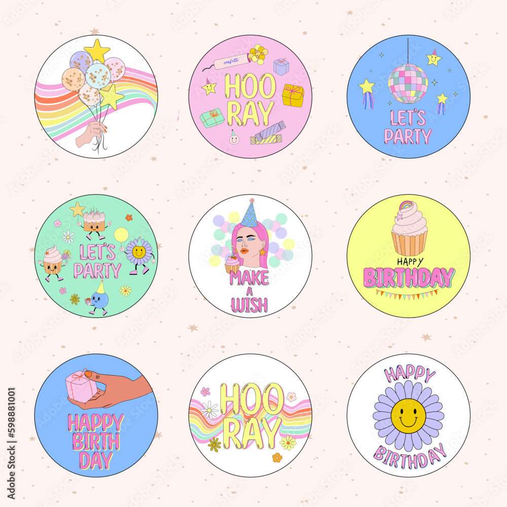 Fototapeta premium Collection of gift tags with retro birthday elements. Editable vector illustration. Retro stickers with Birthday elements and quotes.