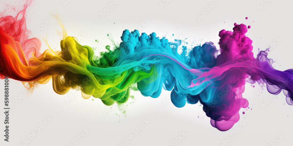Generative AI image of multicolored rainbow smoke explosion over white background. Colorful illustration..