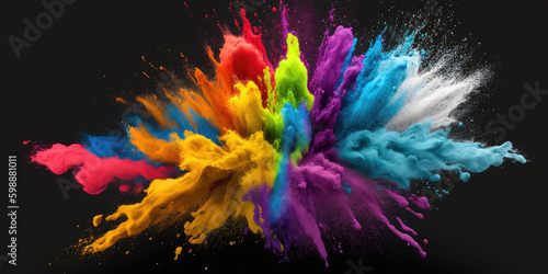 Generative AI image of multicolored explosion of rainbow holi powdered paint over black background. Colorful illustration.