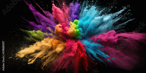 Generative AI image of multicolored explosion of rainbow holi powdered paint over black background. Colorful illustration.