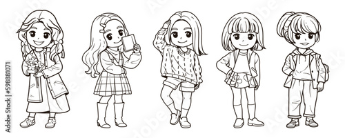Cute design element cartoon, cartoon illustration of various styles of teenage girl outline, Cartoon illustration for children, Vector image.