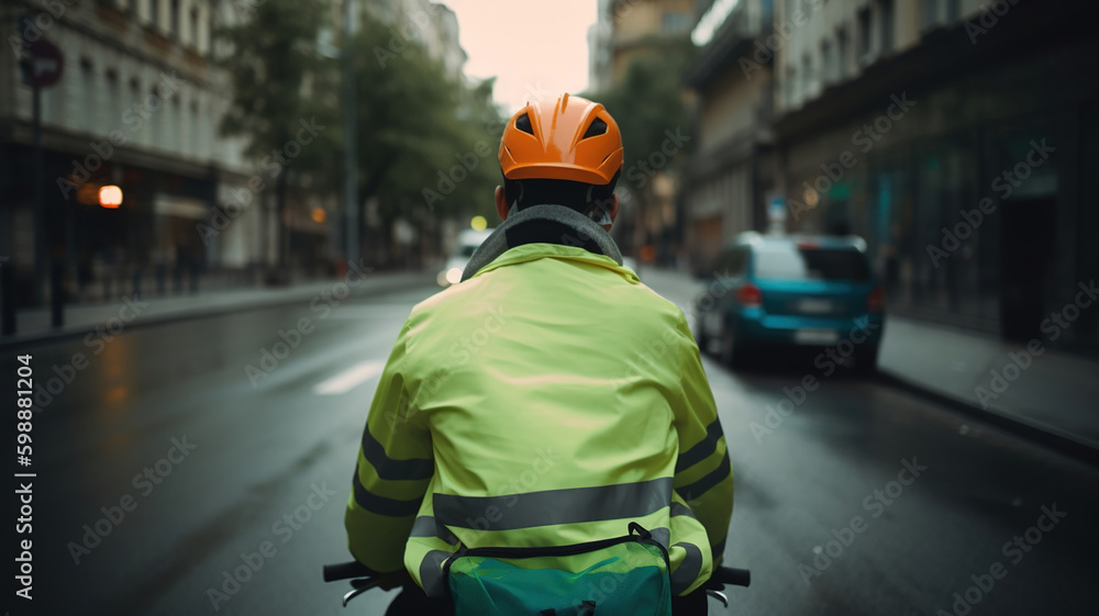 cyclist wearing a jacket riding down a city street. Generative Ai cyclist wearing a jacket riding down a city street. Generative Ai