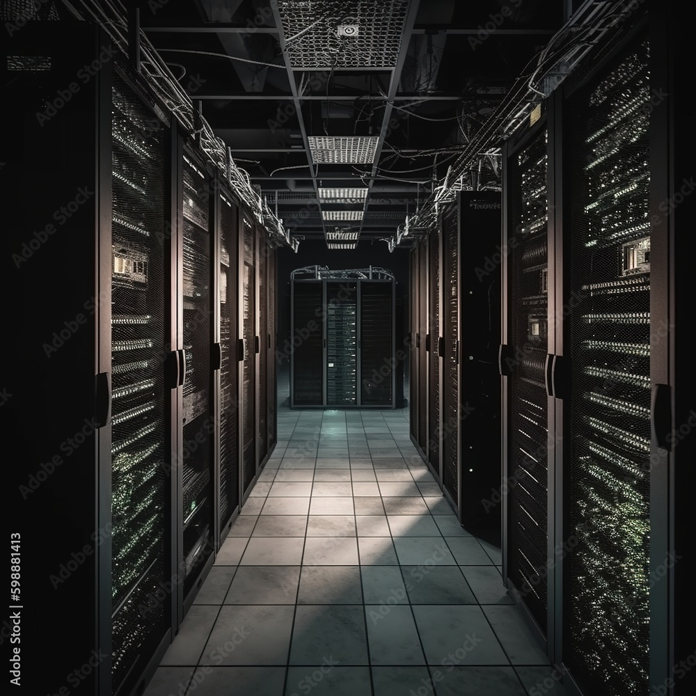 Network connection in dark servers data center room storage system. generative AI Network connection in dark servers data center room storage system. generative AI