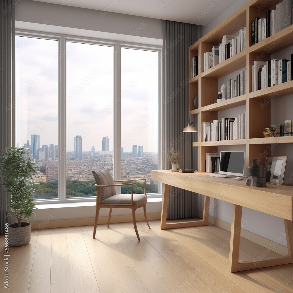 Contemporary home office interior with furniture, wooden flooring, window with city view and curtain, bookshelf. generative AI Contemporary home office interior with furniture, wooden flooring, window with city view and curtain, bookshelf. generative AI