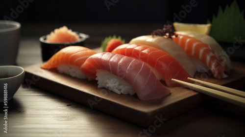close up of sashimi sushi set with chopsticks and soy. Generative Ai